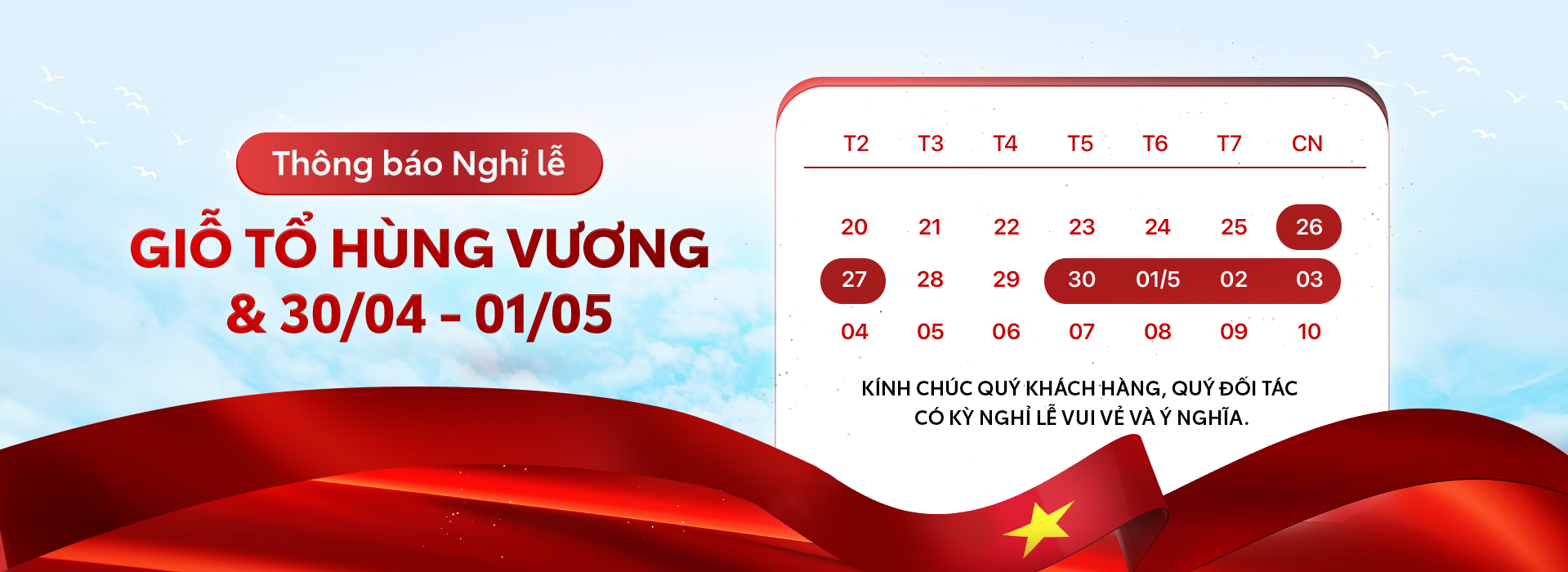 Thông Báo Lịch Nghỉ Lễ Giổ Tổ Hùng Vương, 30/04 và 01/05